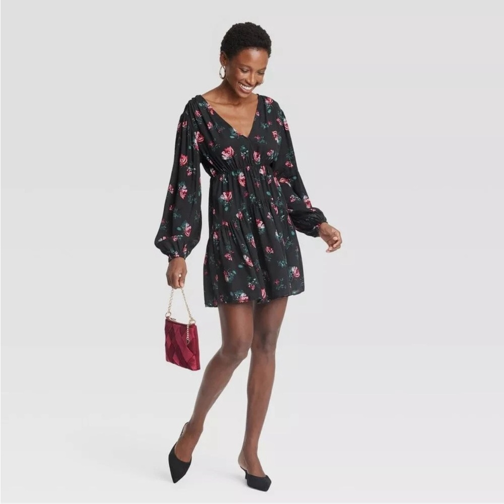 NWOT a new day Black and Pink Mini Dress with V-Neck and Bishop Sleeves